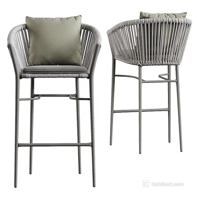 Modern Woven Bar Stools With Metal Frame Gray Cushion And Backrest Design 3d model 