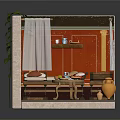 Cartoon Scene Featuring Red Walls White Curtains Plant Daybeds Small Table And Colorful Tiled Floor