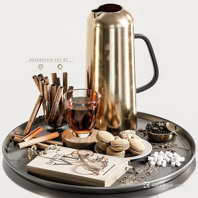 Elegant Decorative Ornament Set With Brass Kettle Cinnamon Sticks Tea Cup Macarons And Sugar Cubes On Tray 3d model 