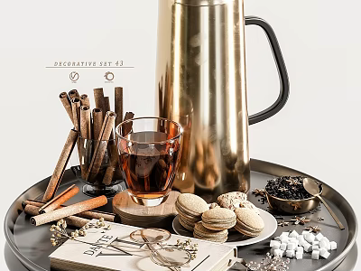 Elegant Decorative Ornament Set With Brass Kettle Cinnamon Sticks Tea Cup Macarons And Sugar Cubes On Tray 3d model