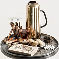 Elegant Decorative Ornament Set With Brass Kettle Cinnamon Sticks Tea Cup Macarons And Sugar Cubes On Tray