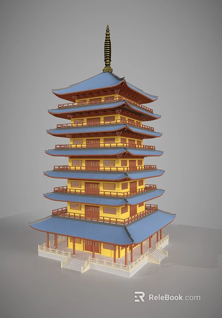 Traditional Chinese Tower With Multiple Tiers Yellow Walls And Blue Overhanging Eaves 3d model 
