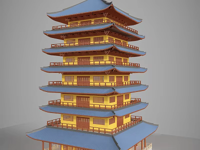 Traditional Chinese Tower With Multiple Tiers Yellow Walls And Blue Overhanging Eaves 3d model