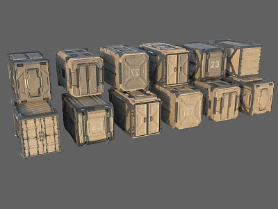 Industrial Equipment Storage Crates With Numbered Metal Frames And Hinged Lids 3d model