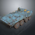 Blue Wheeled Military Tank With Top Mounted Gun And Armored Exterior Design