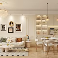 Elegant Modern Dining Living Room Interior With Chandeliers Dining Table TV Area Rug And Plants