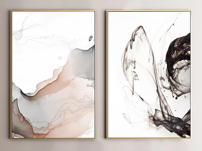 Two Abstract Ink Paintings With Golden Frames In Black White Pink Gray Tones 3d model