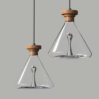 Transparent Glass Pendant Lights with Conical Shape and Wooden Cap in Modern Design 3d model