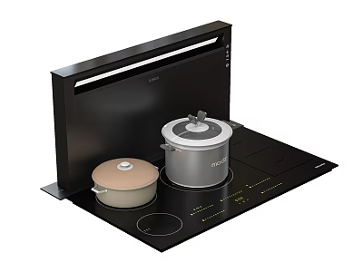 Sleek Black Kitchen Range Hood And Cooktop With Modern Pots On Top 3d model
