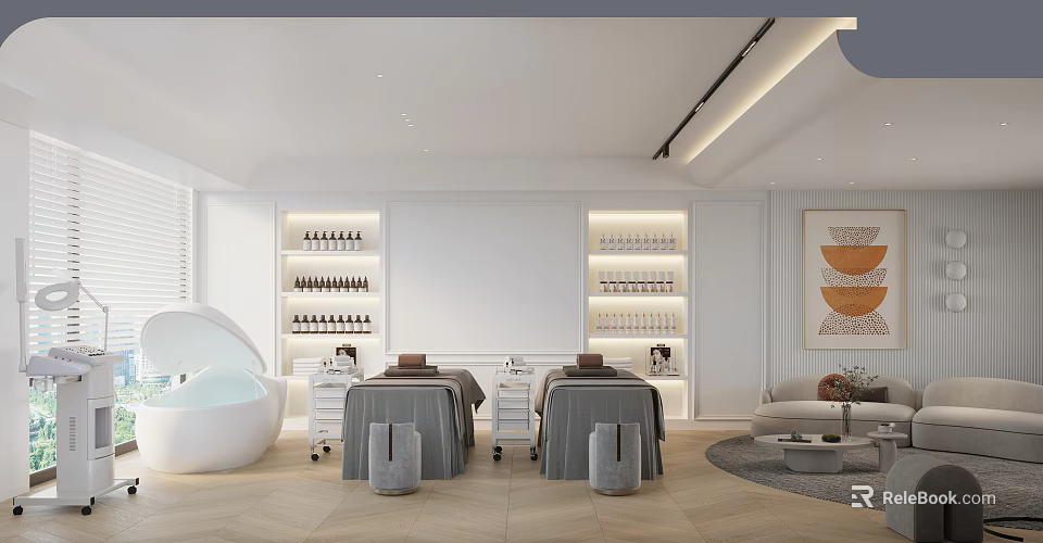 Modern SPA Sauna Interior With Massage Beds Skincare Shelves And Relaxation Sofa 3d model 
