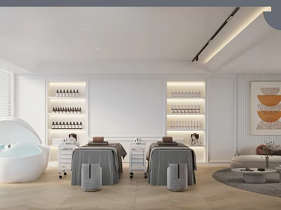 Modern SPA Sauna Interior With Massage Beds Skincare Shelves And Relaxation Sofa 3d model