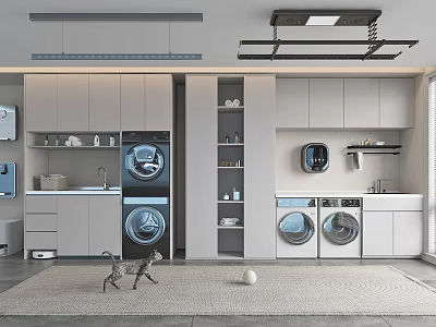 Home Balcony Space With Washing Machines Storage Cabinets And Drying Rack For Laundry 3d model
