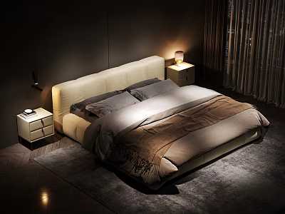 Modern Double Bed With Beige Headboard Gray Beige Bedding And Nightstands With Table Lamp 3d model