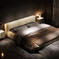 Modern Double Bed With Beige Headboard Gray Beige Bedding And Nightstands With Table Lamp 3d model