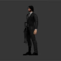 Game Movie Character Man in Black Suit with Torn Details Holding Gun Against Gray Background