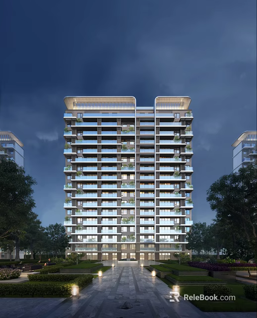Modern High Rise Residential Building Exterior Design With Balconies And Green Trees 3d model 