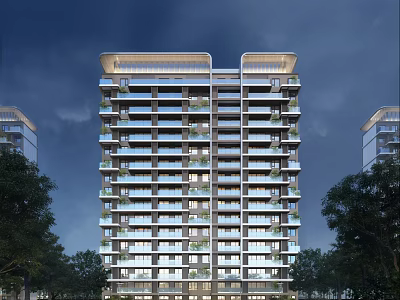 Modern High Rise Residential Building Exterior Design With Balconies And Green Trees 3d model