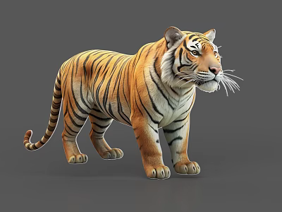 Lifelike 3D Rendered Tiger Standing With Orange Fur Black Stripes And White Markings 3d model
