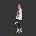 Boy Wearing White T Shirt With Red Black Design Black Shorts Gesturing On Gray Background