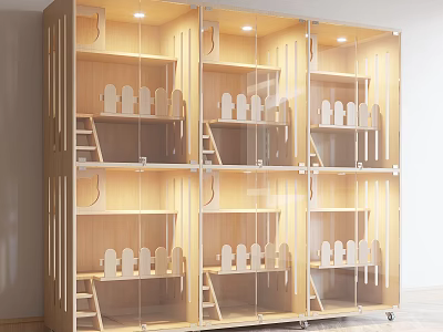 Wooden Garden Decorations Display Cabinet With Glass Doors Multiple Shelves And Small Fence Models 3d model