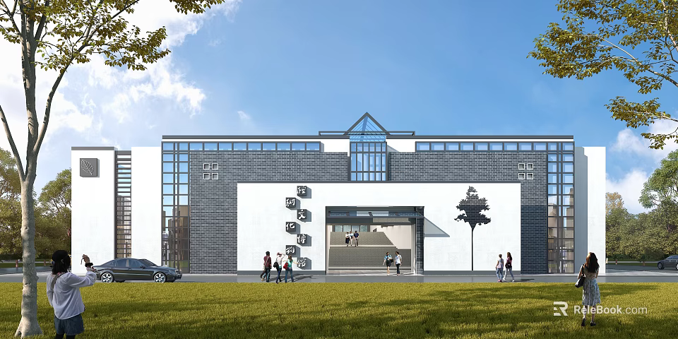 Modern Traditional Museum Building With Glass Windows Gray Brick Walls Green Lawn And Trees 3d model 