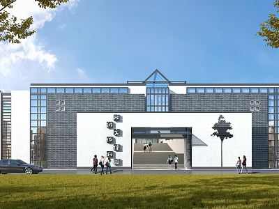 Modern Traditional Museum Building With Glass Windows Gray Brick Walls Green Lawn And Trees 3d model