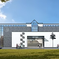 Modern Traditional Museum Building With Glass Windows Gray Brick Walls Green Lawn And Trees