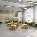 Modern Kindergarten Classroom Spacious Open Layout With Wooden Tables Chairs Bookshelves Green Plants And Windows