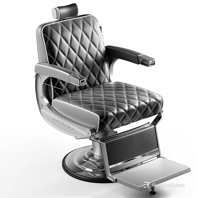 Professional Commercial Barber Chair With Black Leather Diamond Stitching And Metal Frame 3d model 