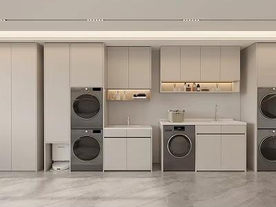 Modern Bathroom Cabinetry With Washing Machine Dryer Sink And Storage Cabinets 3d model