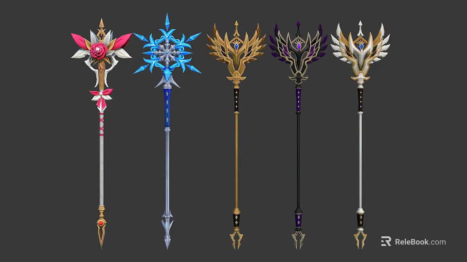 Variously Designed Magic Staffs With Colorful Ornaments And Unique Top Elements 3d model 