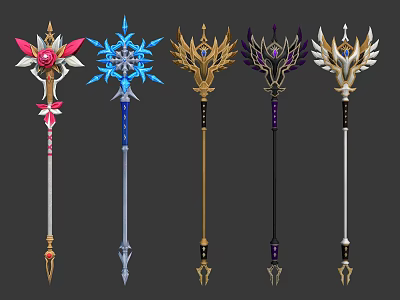 Variously Designed Magic Staffs With Colorful Ornaments And Unique Top Elements 3d model