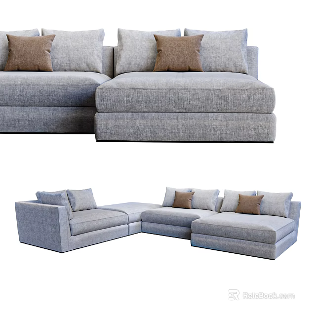 Comfortable Modern Gray L Shaped Sectional Sofa With Multiple Brown Pillows 3d model
