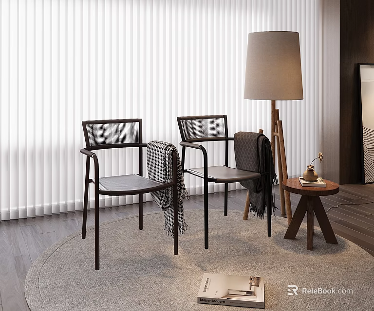 Accent Chairs With Black Frames Gray Cushions And Blankets In Modern Interior With Floor Lamp 3d model 