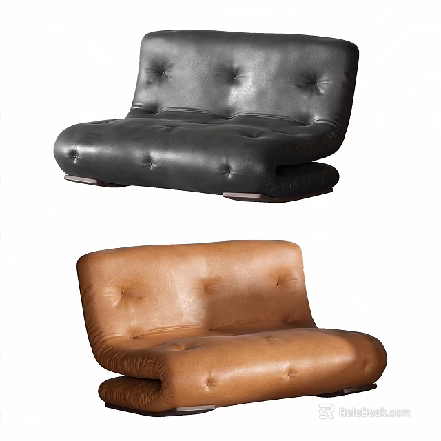 Modern Two Seater Leather Sofa in Black and Brown with Tufted Design 3d model 