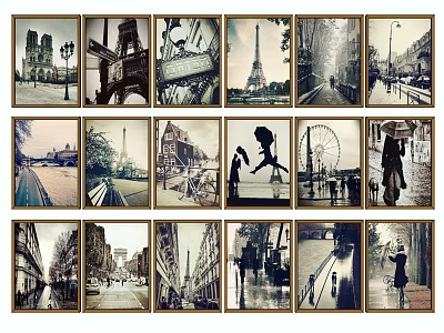 Vintage Paris Landscape Paintings With Eiffel Tower Arc de Triomphe Street Scenes And Silhouette Figures 3d model