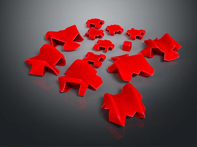 Red Building Blocks Various Shapes Scattered on Gray Reflective Surface with Texture 3d model