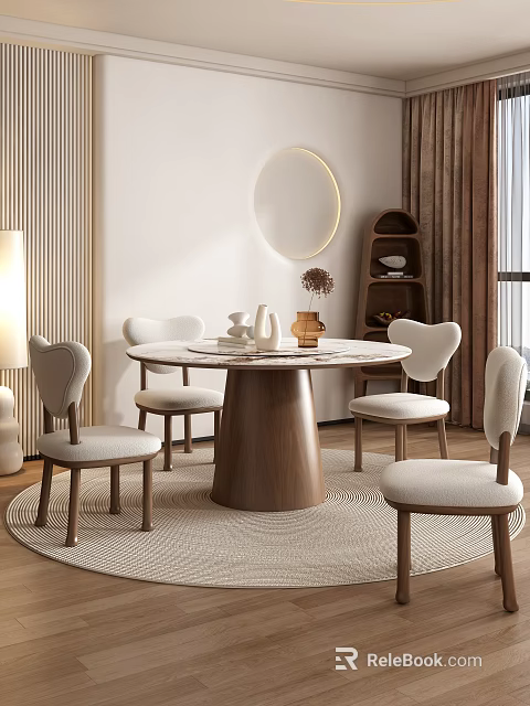 Modern Cozy Round Dining Table Set with Four Curved Backrest Chairs and Light Seat Cushions 3d model 