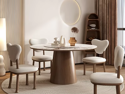 Modern Cozy Round Dining Table Set with Four Curved Backrest Chairs and Light Seat Cushions 3d model