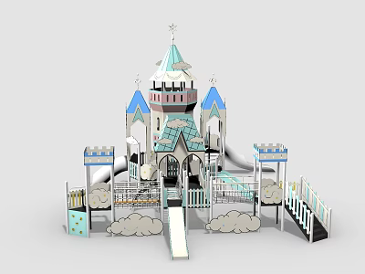 Children's Castle Themed Playground Equipment with Blue Towers Slides Stairs and Cloud Decorations 3d model