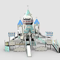 Children's Castle Themed Playground Equipment with Blue Towers Slides Stairs and Cloud Decorations