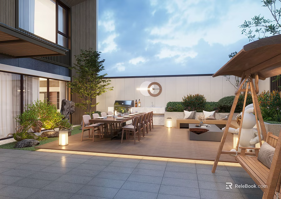 Outdoor Garden Landscape Design With Patio Furniture Sofa Swing Chair Green Plants And Lanterns 3d model 