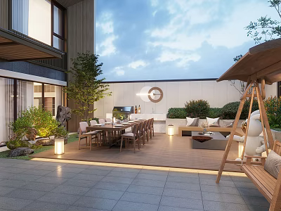Outdoor Garden Landscape Design With Patio Furniture Sofa Swing Chair Green Plants And Lanterns 3d model