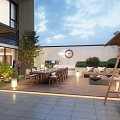 Outdoor Garden Landscape Design With Patio Furniture Sofa Swing Chair Green Plants And Lanterns