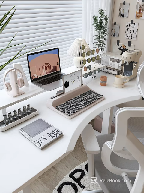 Modern Minimalist White Desk Setup With Laptop Headphones Keyboard Desk Lamp And Coffee Mug 3d model 