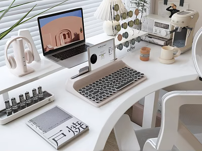 Modern Minimalist White Desk Setup With Laptop Headphones Keyboard Desk Lamp And Coffee Mug 3d model