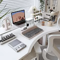 Modern Minimalist White Desk Setup With Laptop Headphones Keyboard Desk Lamp And Coffee Mug