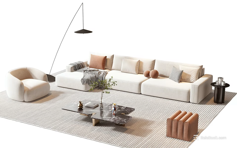 Modern White Sofa Coffee Table Set With Pillows Floor Lamp And Striped Rug 3d model 
