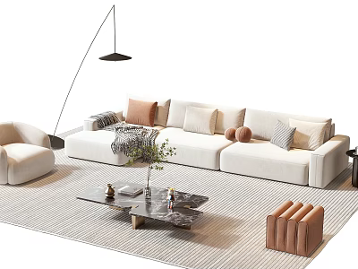 Modern White Sofa Coffee Table Set With Pillows Floor Lamp And Striped Rug 3d model