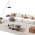 Modern White Sofa Coffee Table Set With Pillows Floor Lamp And Striped Rug 3d model